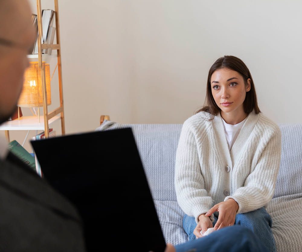 young woman in cozy sweater sitting on couch during therapy session with male counselor holding clipboard in warm, modern counseling office